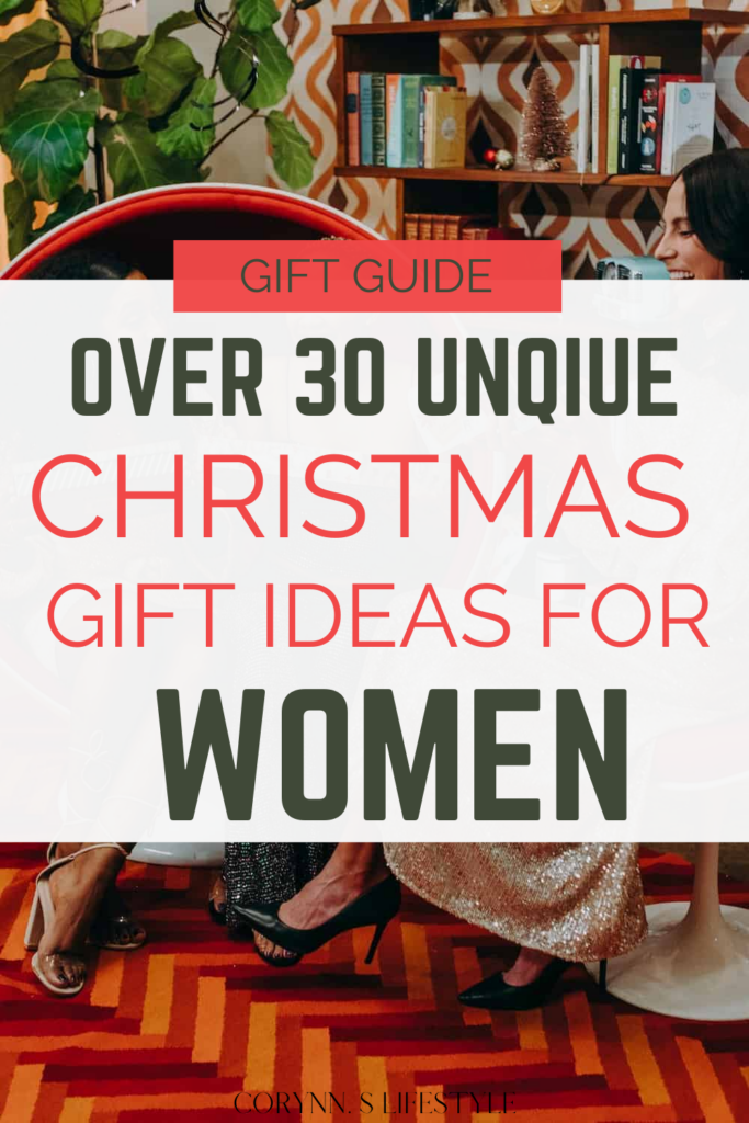 3 girl sitting together exchanging gifts. Over 30 unique Christmas gift ideas for women 2024.