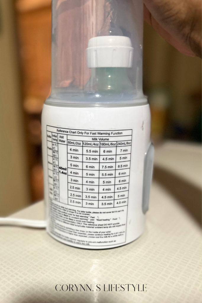 Back of bottle warmer that has a measurement chart. 