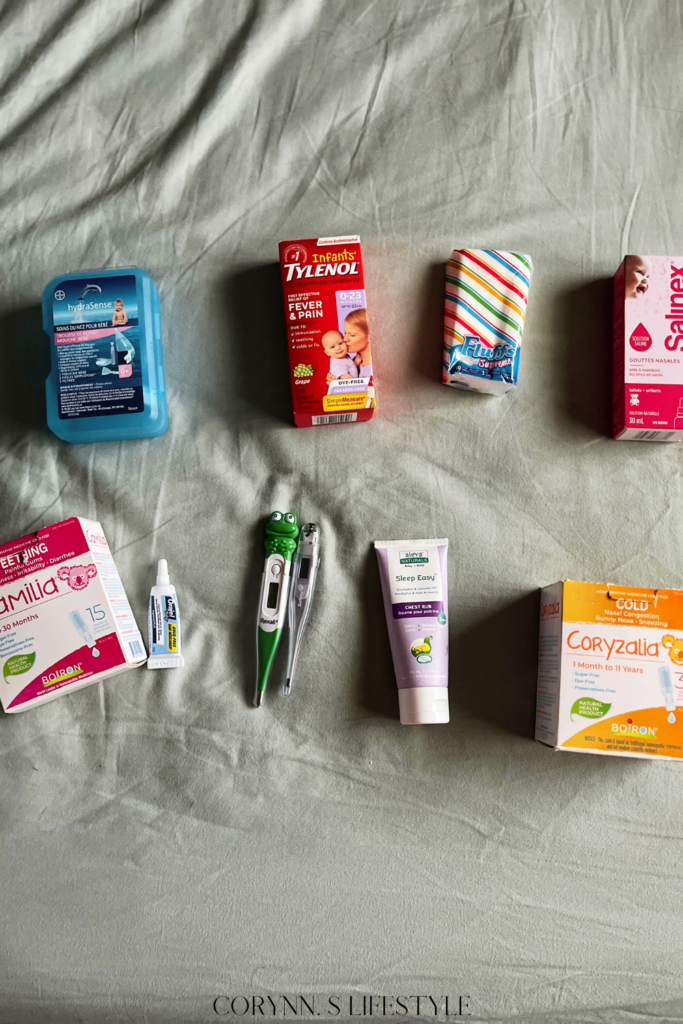 Photo of items use for when a child or baby is not feeling well. Sick kit for baby. 